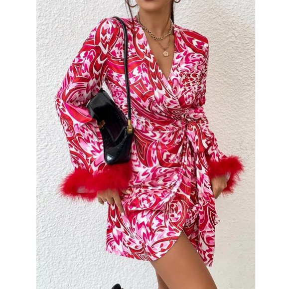 Cuff feather detailed Wrap Knot Side Mini Dress - Picture 7 of 7